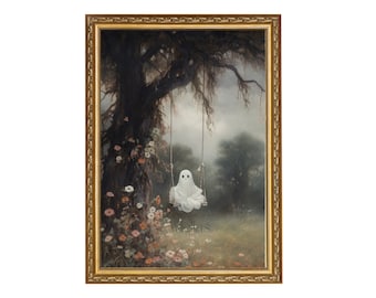 Cute Ghost On A Swing, Vintage Digital Ghost Painting, Dark Academia, Printable Wall Art, Digital Download