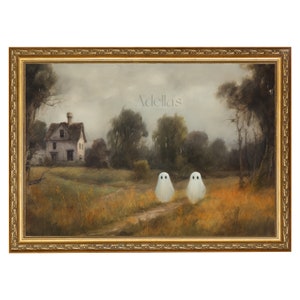 Cute Ghosts in Fall Meadow w/ Haunted House, Vintage Ghost Painting, Dark Academia, Cottage Core, Printable Wall Art, Digital Download