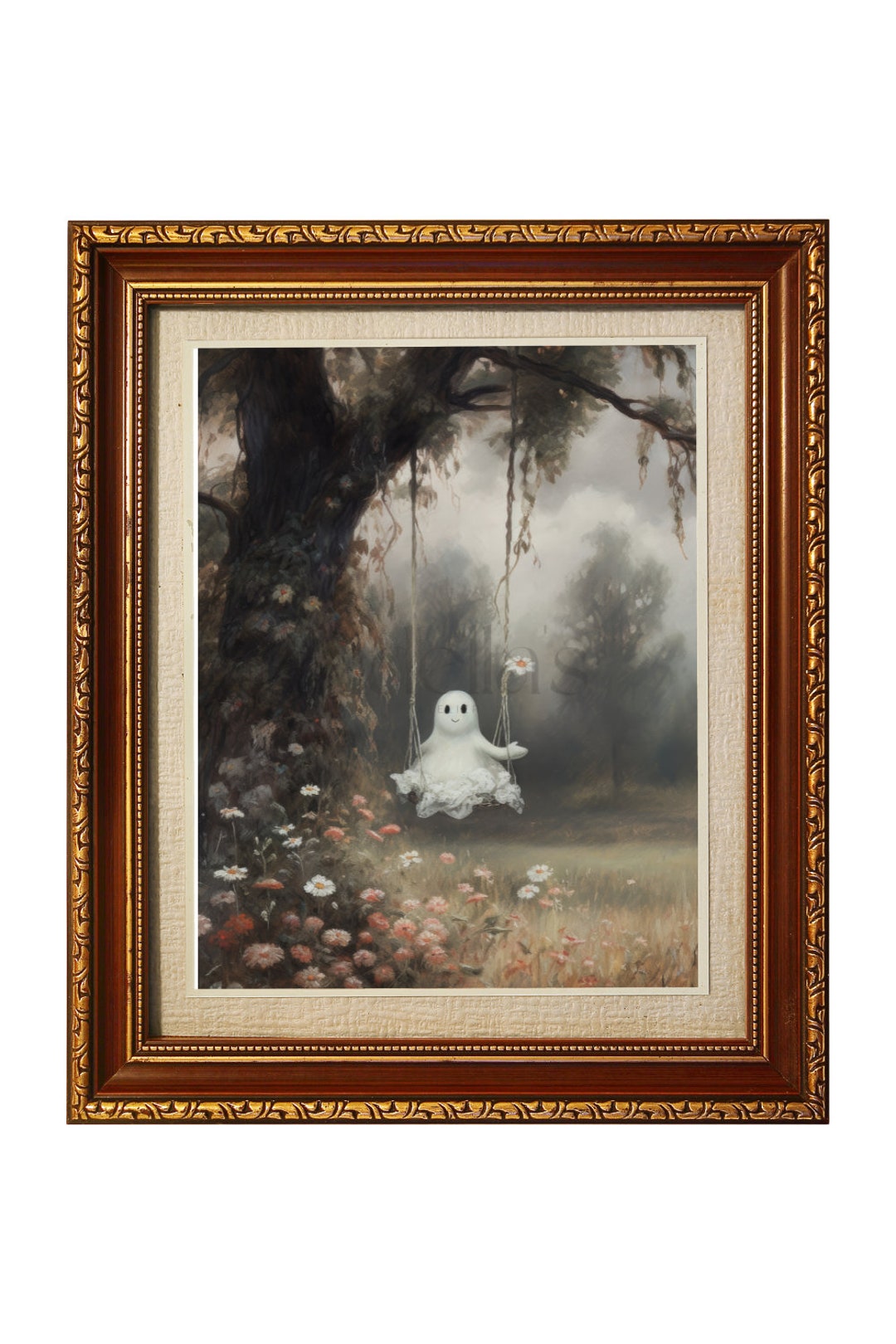 Cute Ghost on A Swing, Vintage Ghost Painting, Dark Academia
