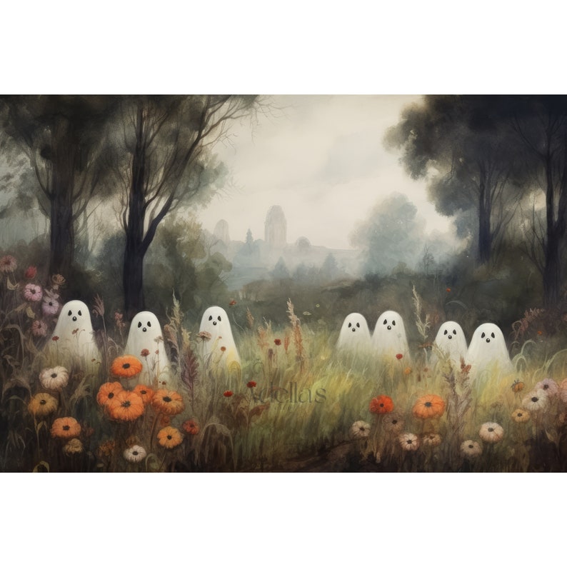 Cute Ghosts in Fall Meadow W/ Flowers, Vintage Ghost Painting, Dark