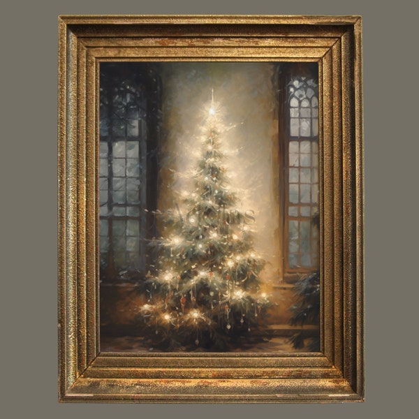 Vintage Unique Painting Of An Old Fashioned Christmas Tree With A Warm Glow, Portrait, Printable Wall Art, Digital Download, Antique