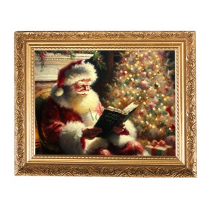 Vintage Santa Claus Portrait, Santa Reading His List By The Fire.  Antique Holiday Wall Art, Christmas Painting, Winter Printable, Decor