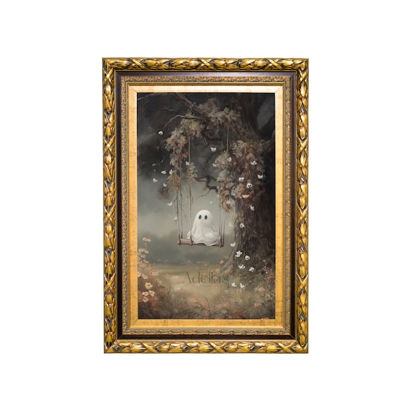 Cute Ghost On A Swing, Vintage Digital Ghost Painting, Dark Academia, Printable Wall Art, Digital Download