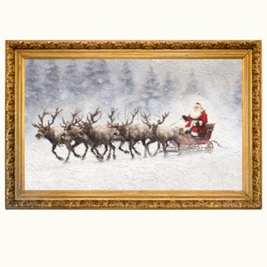 Antique Christmas Santa&#39;s Sleigh and Reindeer, vintage holiday wall art, Christmas painting, winter print, decor, printable art