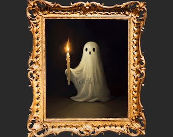 Cute Ghost Holding A Candle, Vintage Digital Ghost Painting, Dark Academia, Printable Wall Art, Digital Download