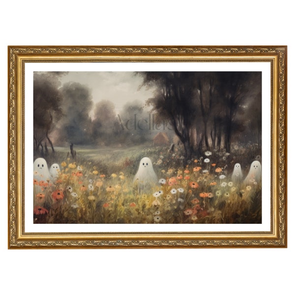 Cute Ghosts in Fall Meadow w/ Flowers, Vintage Ghost Painting, Dark Academia, Cottage Core, Printable Wall Art, Digital Download