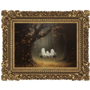 Può includere: Un dipinto incorniciato che raffigura tre fantasmi seduti su un'altalena in una foresta oscura. I fantasmi sono bianchi e traslucidi, e la foresta è piena di foglie cadute. Il dipinto è incorniciato in una cornice dorata ornata.