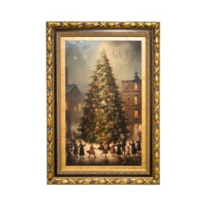 Old Fashioned Christmas Tree With People Gathered Around, Digital Vintage Oil Painting, Winter Wonderland, Printable Wall Art