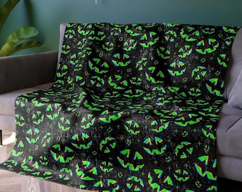 Halloween Blanket, Spooky Crushed Velvet Throw, Jack-o-Lantern Green Grins, EDM Party Decor, Movie Night Cuddling, 50x60 Inches