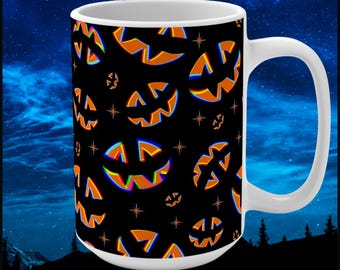 Halloween Party Mug 15oz, Spooky Brew, Jack-o-Lantern Grins, Scary Boujee, Orange Pumpkins, EDM Decor