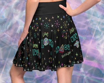 Skater Skirt (AOP) - Retro Sci-fi Boujee Skater Skirt - Cute Trendy Space Themed - Party Skater Skirt w Stars and UFO - Boujee Skater Skirt