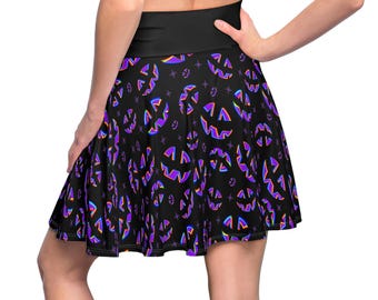 Halloween Skater Skirt, Jack-o-Lantern, Retro Rave Wear, EDM Party, Purple Pumpkin Grins, Spooky Fashion