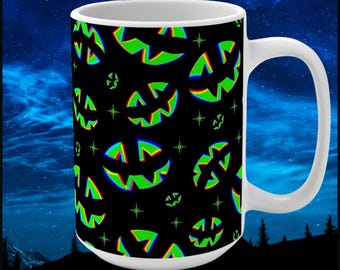 Halloween Mug 15oz, Haunted House Party, Jack-o-Lantern, Spooky Brew, purple Pumpkin Grins, Scary Boujee