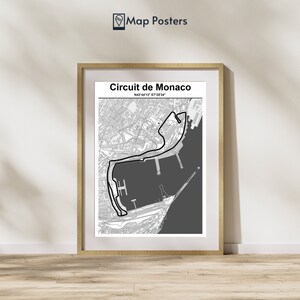 May include: A black and white map poster of the Circuit de Monaco race track in Monaco. The poster includes the coordinates N43.7413° E7.2534° and the text "Circuit de Monaco".
