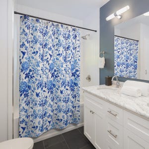 Chinoiserie print shower curtain, blue and white shower curtain, toile shower curtain, unique shower curtain, bath curtain, shower curtains