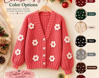 Christmas Crochet Flower Cardigan | Handmade Floral Sweater for Women | Custom Color Button Cardigan | Cozy Christmas Gift | Gift for Her