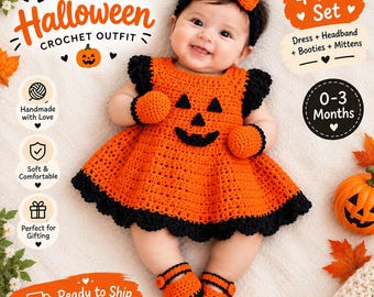 Crochet Baby Halloween Outfit, 4-Piece Pumpkin Dress Set, Baby’s First Halloween, Newborn Girl Gift, 0-3 Months