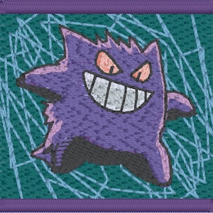 May include: Purple and pink cartoon ghost with a wide grin and sharp teeth, against a teal blue background with a white web pattern.