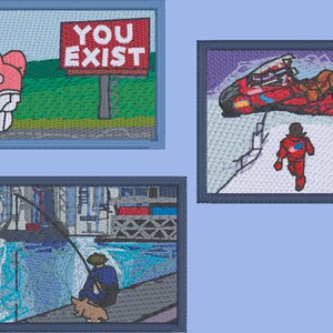 May include: Three embroidered patches with different designs. The first patch features a pink cartoon character with a flower on its head, standing in front of a green field with a red sign that says "YOU EXIST". The second patch shows a red motorcycle with a person in a red suit running towards it on a snowy landscape. The third patch shows a person fishing from a pier with a blue and white striped building in the background.