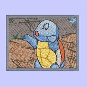 Puede incluir: Una tortuga de dibujos animados azul y amarilla con un caparazón rojo, mirando hacia arriba con una expresión de sorpresa. La tortuga está sobre un fondo marrón con hierba verde.