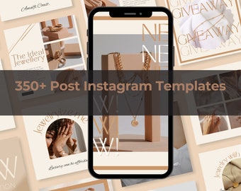 May include: A collage of images featuring jewelry, including necklaces, bracelets, and rings. The images are set against a neutral background with a brown and white color scheme. The text "350+ Post Instagram Templates" is displayed in a brown banner.