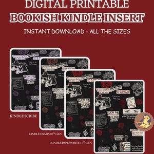 以下が含まれることがあります： さまざまなサイズのデジタル印刷可能なBookish Kindleインサート。インサートは、バラ、頭蓋骨、テキストを配置した黒い背景が特徴です。テキストには「Good Girl」や「I'll be the Adeline to your Zade」などのフレーズが含まれています。