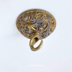 Round Floral Brass Hook For Hanging Planters, Wind Chimes and Swag Pendant Lights - 3in Art Nouveau Open Hook For Home Ceiling & Wall Decor