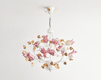 Lámpara de araña Art Déco con forma de tulipán rosa violáceo - 15 luces