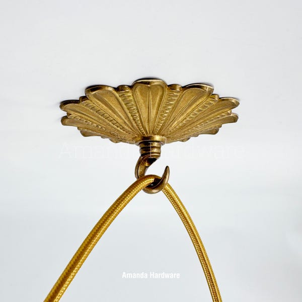 Ornate Brass Ceiling Hook with Decorative Rosette Cover – Vintage Style Hanging Hook for Plants, Lights, Mobiles & Decor – 4.72" Diameter