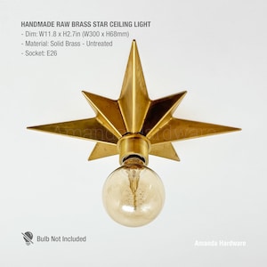 Vintage-Style Brass Star Flush Mount Ceiling Light, Untreated Raw Brass Surface Mount Lamp, E26 Geometric Ceiling Fixture