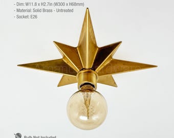 Lámpara de techo empotrable de latón estilo vintage con forma de estrella, lámpara de superficie de latón crudo sin tratar, casquillo E26, luminaria geométrica de techo.