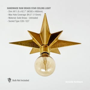 Vintage-Style Brass Star Flush Mount Ceiling Light, Untreated Raw Brass Surface Mount Lamp, E26 Geometric Ceiling Fixture