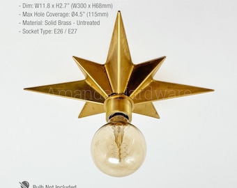May include: Handmade raw brass star ceiling light measuring 11.8 inches wide by 2.7 inches high. Features untreated solid brass construction, a 4.5 inch max hole coverage, and an E26/E27 socket type. The fixture has a star shape with a central bulb.