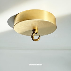 May include: A gold ceiling plate with a hook for hanging a light fixture.