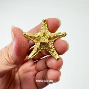 May include: A gold-colored metal starfish ornament. The starfish has a textured surface and is a popular decorative item for beach-themed decor.