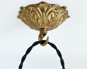Floral Brass Dome Hook For Hanging Planters, Wind Chimes and Swag Pendant Lights - 4in Decorative Art Nouveau Hook For Ceiling & Wall Decor
