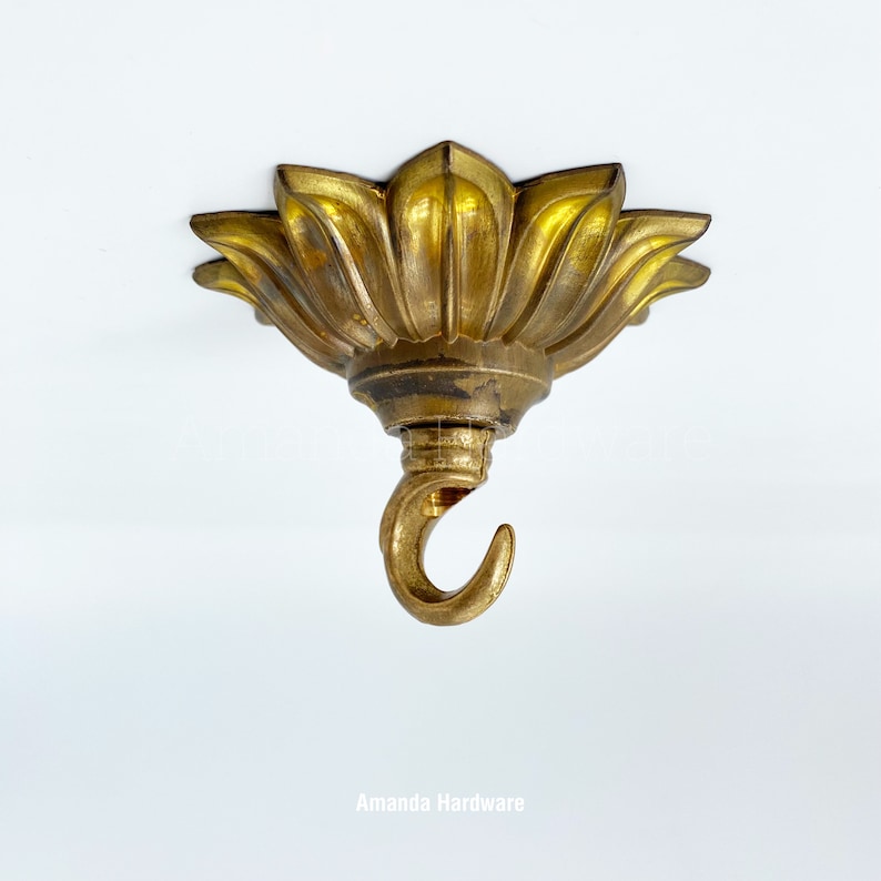 Floral Brass Hook For Hanging Planters, Wind Chimes and Swag Pendant Lights - Decorative Art Nouveau Open Hook For Home Ceiling & Wall Decor