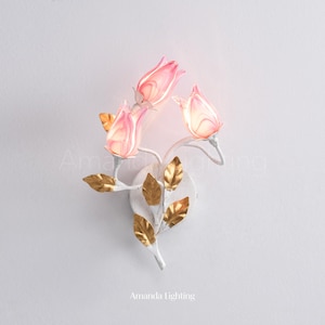 Purplish Pink Glass Tulip Flower Wall Sconce With Gold Foil Leaves: 3-Lights