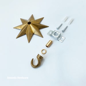 Brass Star Hook For Hanging Planters, Wind Chimes, Swag Pendent Lights and Keys - Decorative Open Hook For Home Ceiling & Wall Decor - Image showing exploded view of star hook and included mounting hardware side view - AmandaHardware.etsy.com