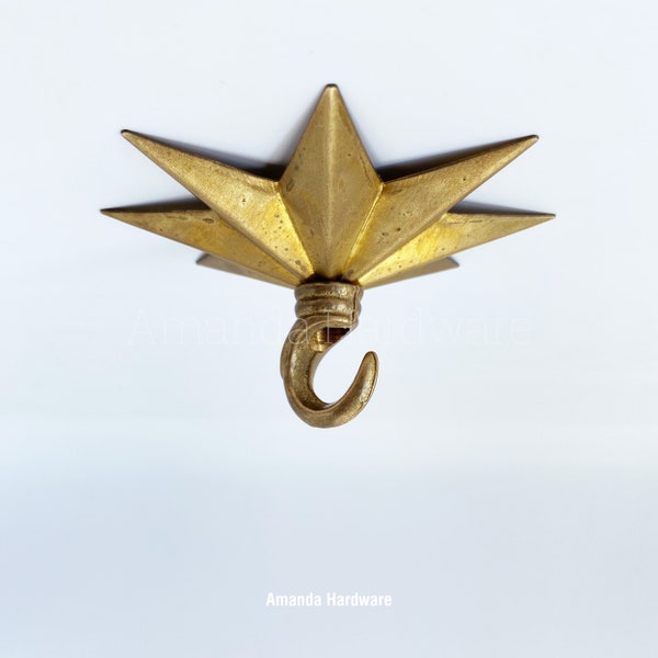 4.25in (110mm) Brass Star Hook For Hanging Planters, Wind Chimes, Swag Pendant Lights and Keys - Decorative Hook For Ceiling & Wall Hangings