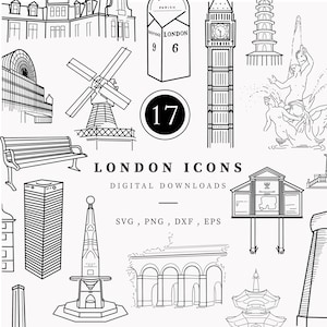 Punti di riferimento di Londra Download digitale, disegno lineare con download istantaneo, illustrazione vettoriale, icone di Londra, cartelli per matrimoni fai da te, png svg eps dxf
