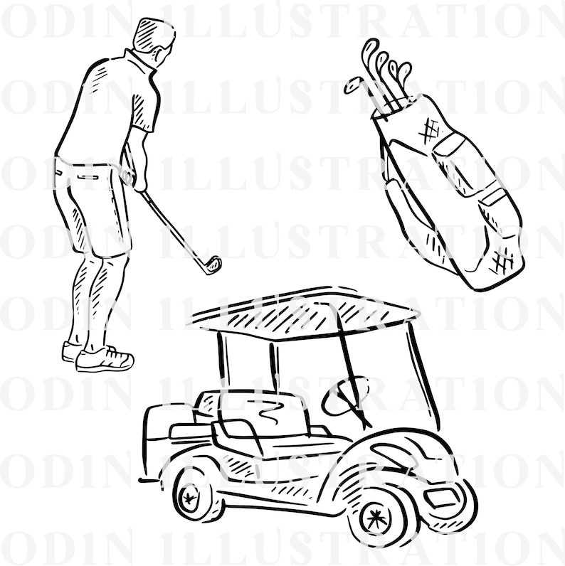 May include: A black and white line drawing of a golfer swinging a club, a golf cart, and a golf bag with clubs.