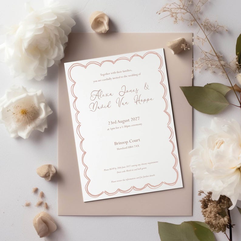 A wedding invitation with a decorative, scalloped edge, featuring the names Alexa Jones & David Van Hoppe, and the date 23rd August 2027. The invitation is on a neutral background, with floral accents.