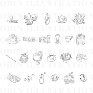 A black and white line drawing illustration of various coffee and bakery items, including a coffee pot, coffee cups, pastries, croissants, and a jar of coffee beans.