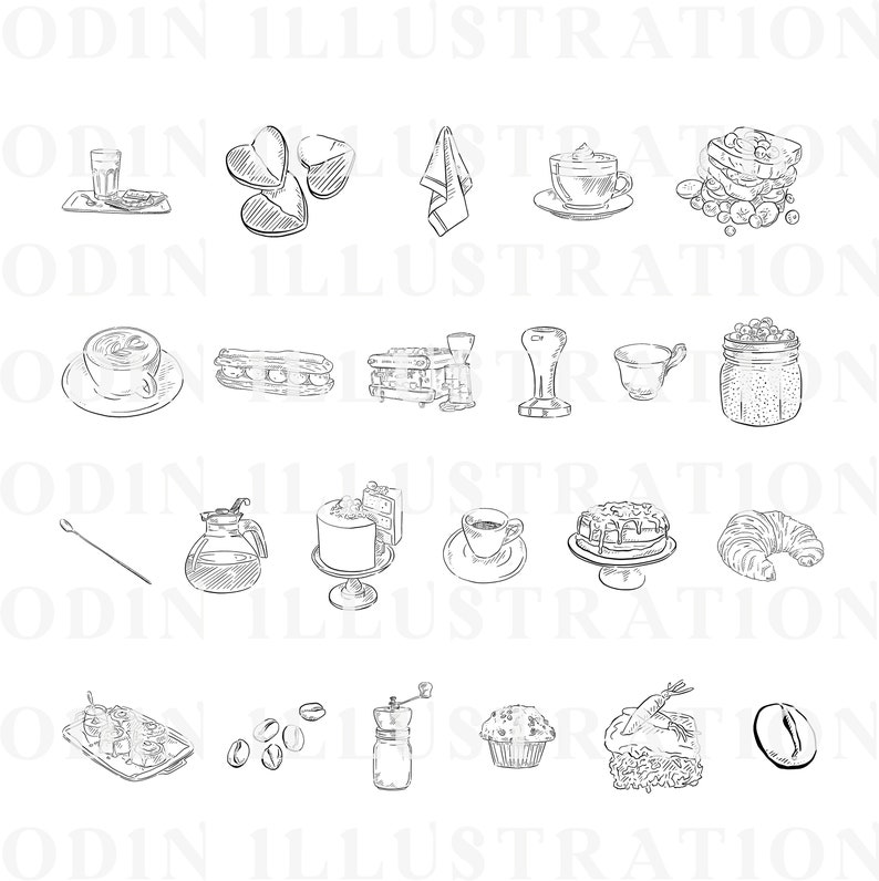 A black and white line drawing illustration of various coffee and bakery items, including a coffee pot, coffee cups, pastries, croissants, and a jar of coffee beans.