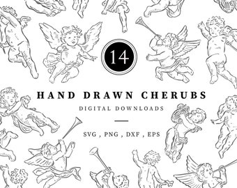 Hand Drawn Cherubs Clipart, 14 svg, png & eps files at 300 dpi,  Hand Drawn Digital Download, Line Drawn Christmas Cherubs playing Trumpets