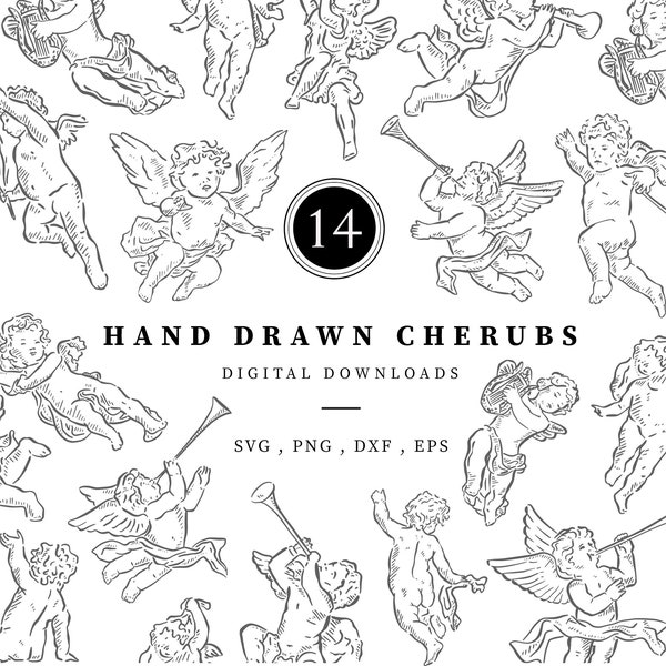 Hand Drawn Cherubs Clipart, 14 svg, png & eps files at 300 dpi,  Hand Drawn Digital Download, Line Drawn Christmas Cherubs playing Trumpets