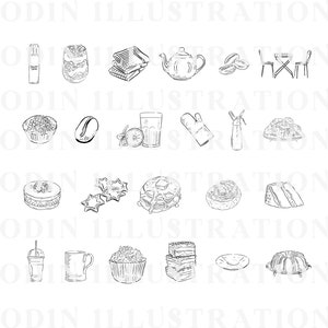 A black and white line drawing illustration of various food and drink items, including a teapot, coffee beans, a glass of juice, a cupcake, a donut, a cake, a muffin, a cookie, a plate of pastries, a cup of coffee, a glass of iced coffee, and a bundt cake.