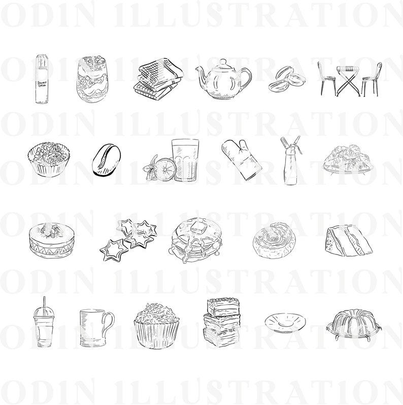 A black and white line drawing illustration of various food and drink items, including a teapot, coffee beans, a glass of juice, a cupcake, a donut, a cake, a muffin, a cookie, a plate of pastries, a cup of coffee, a glass of iced coffee, and a bundt cake.