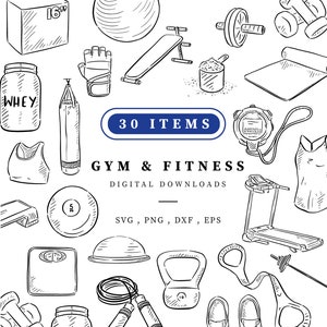 Gym and Fitness Clipart, 30 Png Svg, Dxf Eps files, Vector, Line Drawn Instant Digital Download, Hand Drawn Illustration, Weights Clip Art